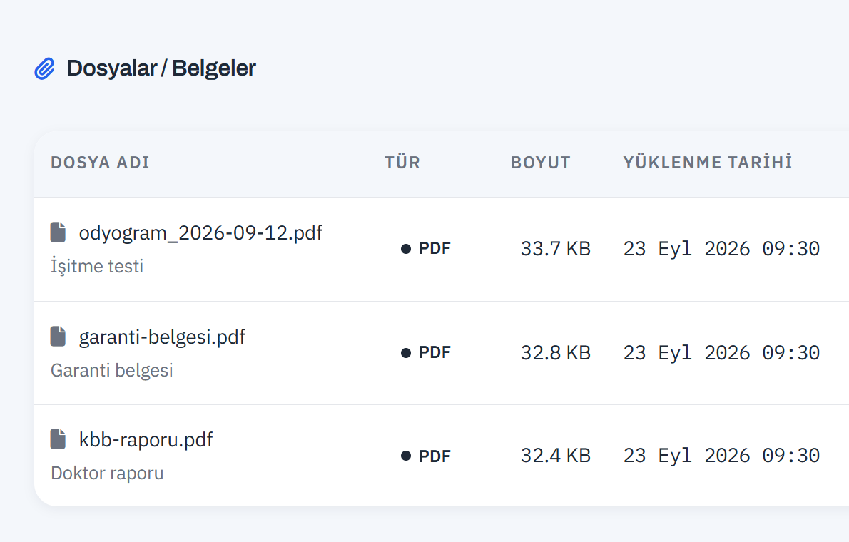 Hasta dosyasındaki belgeler: işitme testi, garanti belgesi ve doktor raporu PDF olarak yüklenmiş